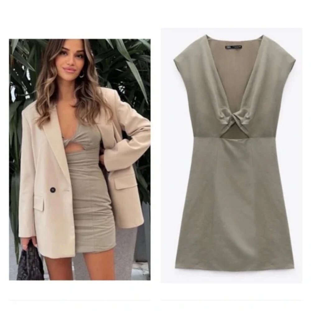 Zara Knot Front Mini Dress tan olive green, sleeveless V-Neck Sz: XL